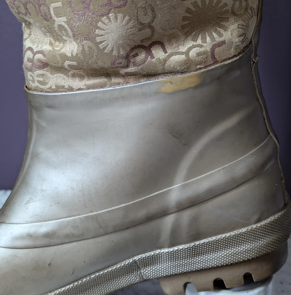 VTG Y2K UGG Wallingford Wellies Gold Sheepskin Logo Print Rain Boots Women's 7 - Picture 5 of 14